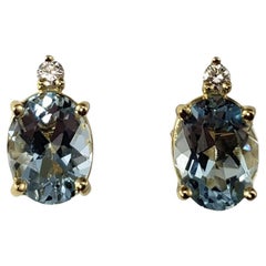 Boucles d'oreilles en or jaune 14 carats, aigue-marine et diamant n° 17157