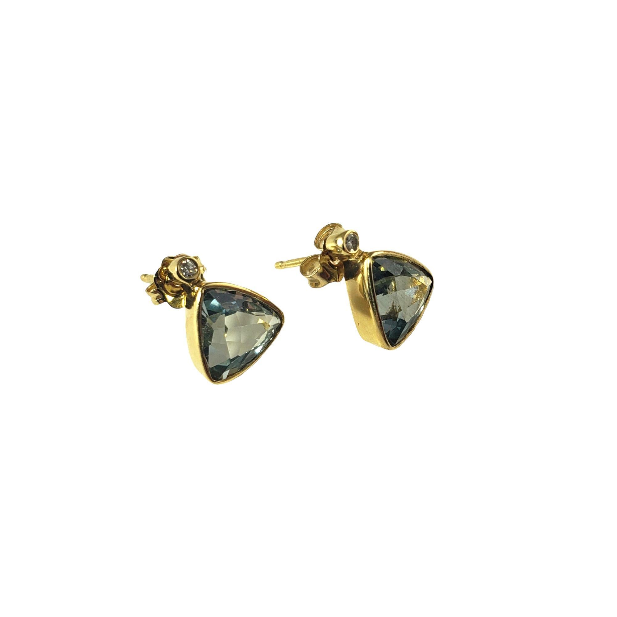 Trillion Cut 14 Karat Yellow Gold Aquamarine and Diamond Earrings #14032 For Sale