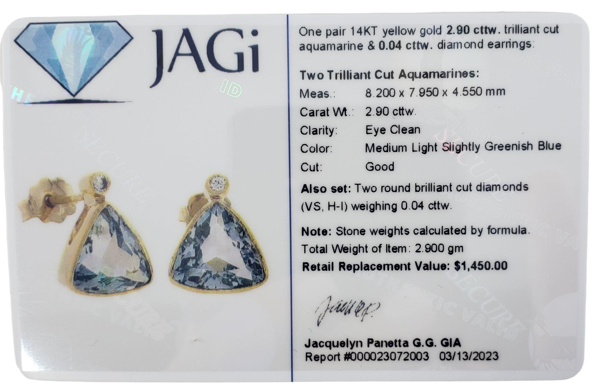 14 Karat Yellow Gold Aquamarine and Diamond Earrings #14032 For Sale 1