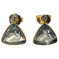 Boucles d'oreilles en or jaune 14 carats, aigue-marine et diamant n° 14032