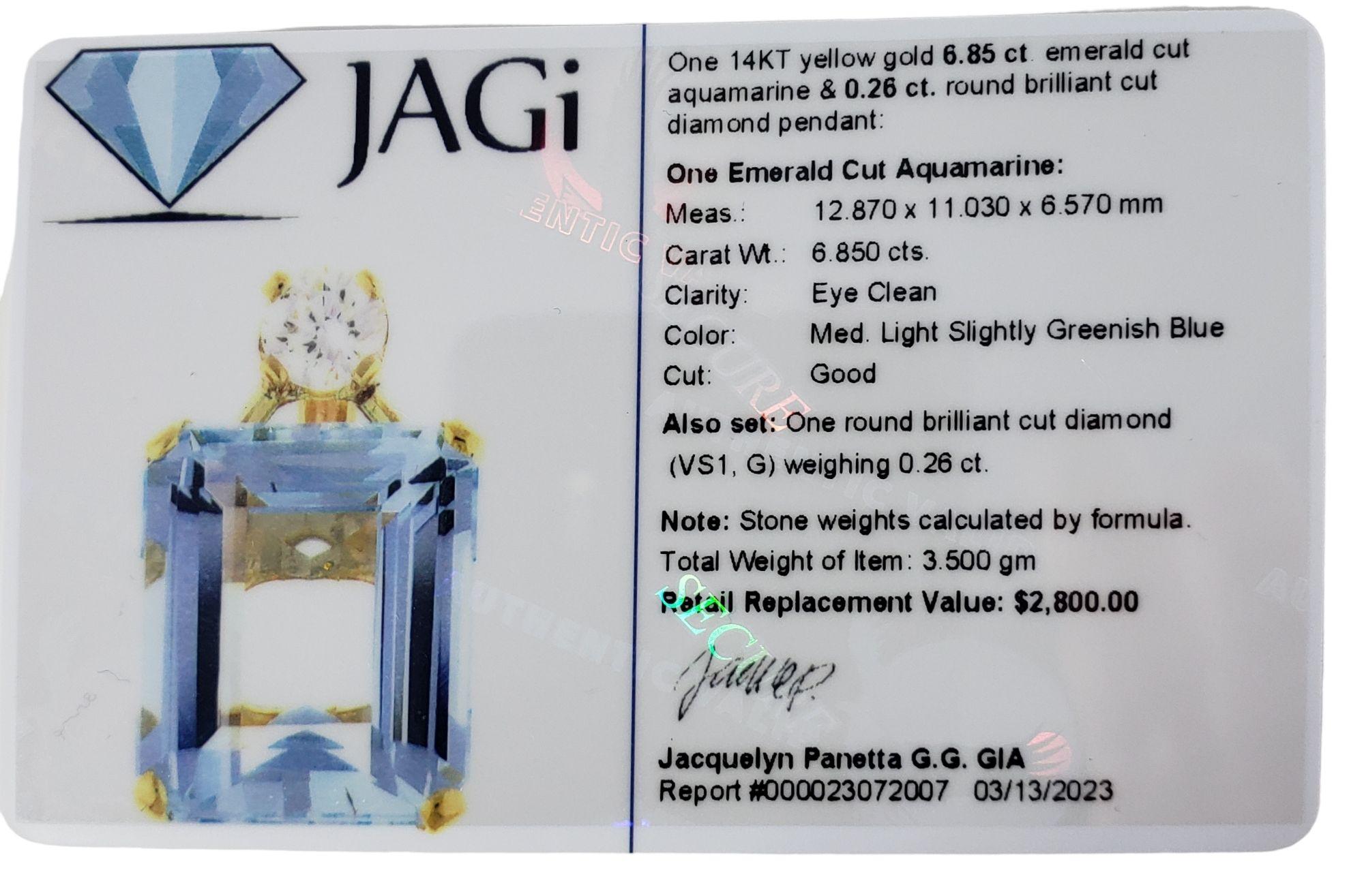14 Karat Yellow Gold Aquamarine and Diamond Pendant #14028 3