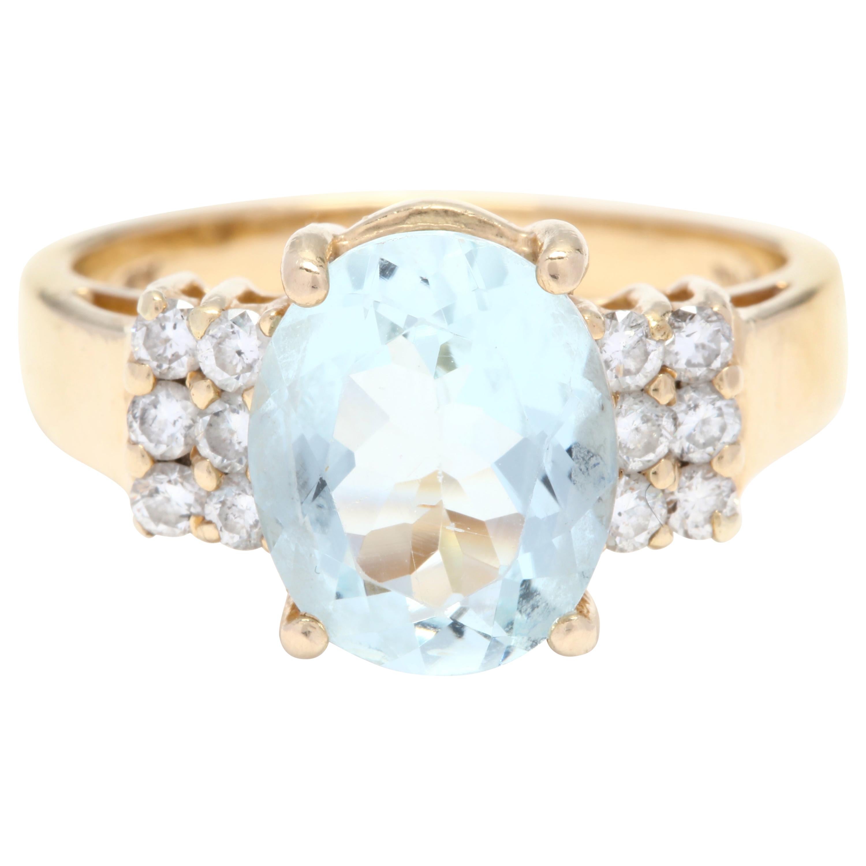 14 Karat Yellow Gold, Aquamarine and Diamond Ring, March Birthstone Ring