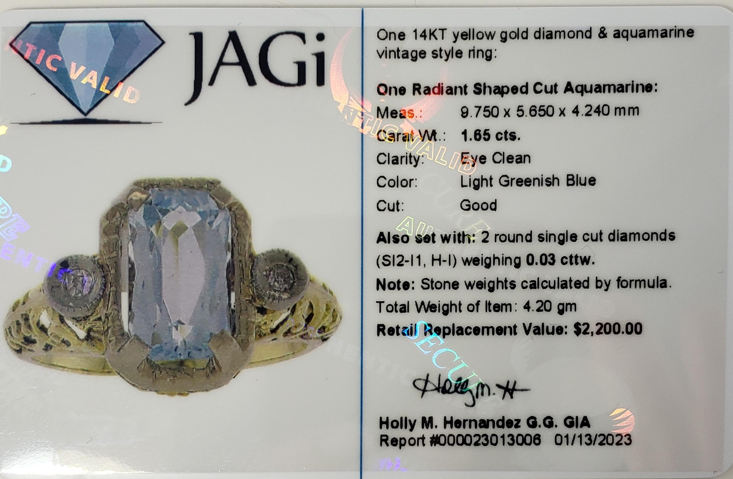 14 Karat Yellow Gold Aquamarine and Diamond Ring #13716 For Sale 3