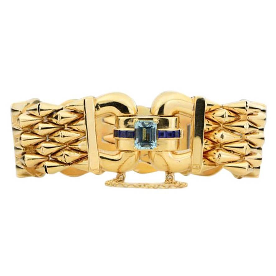 14 Karat Yellow Gold Aquamarine and Sapphire Flexible Ladies Bracelet For Sale