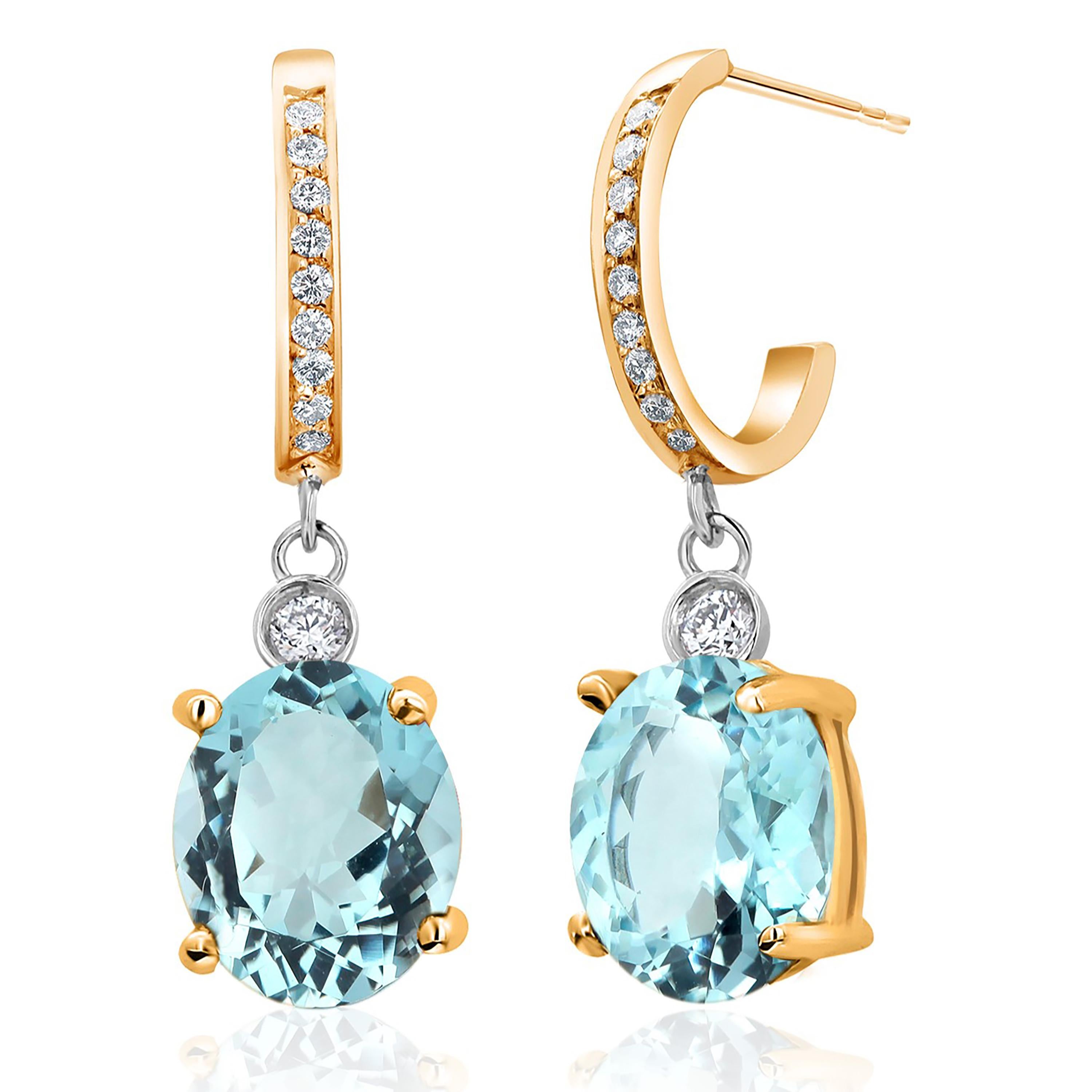 14 Karat Yellow Gold Aquamarine Diamond 4.43 Carat 1.20 Inch Long Hoop Earrings Neuf - En vente à New York, NY