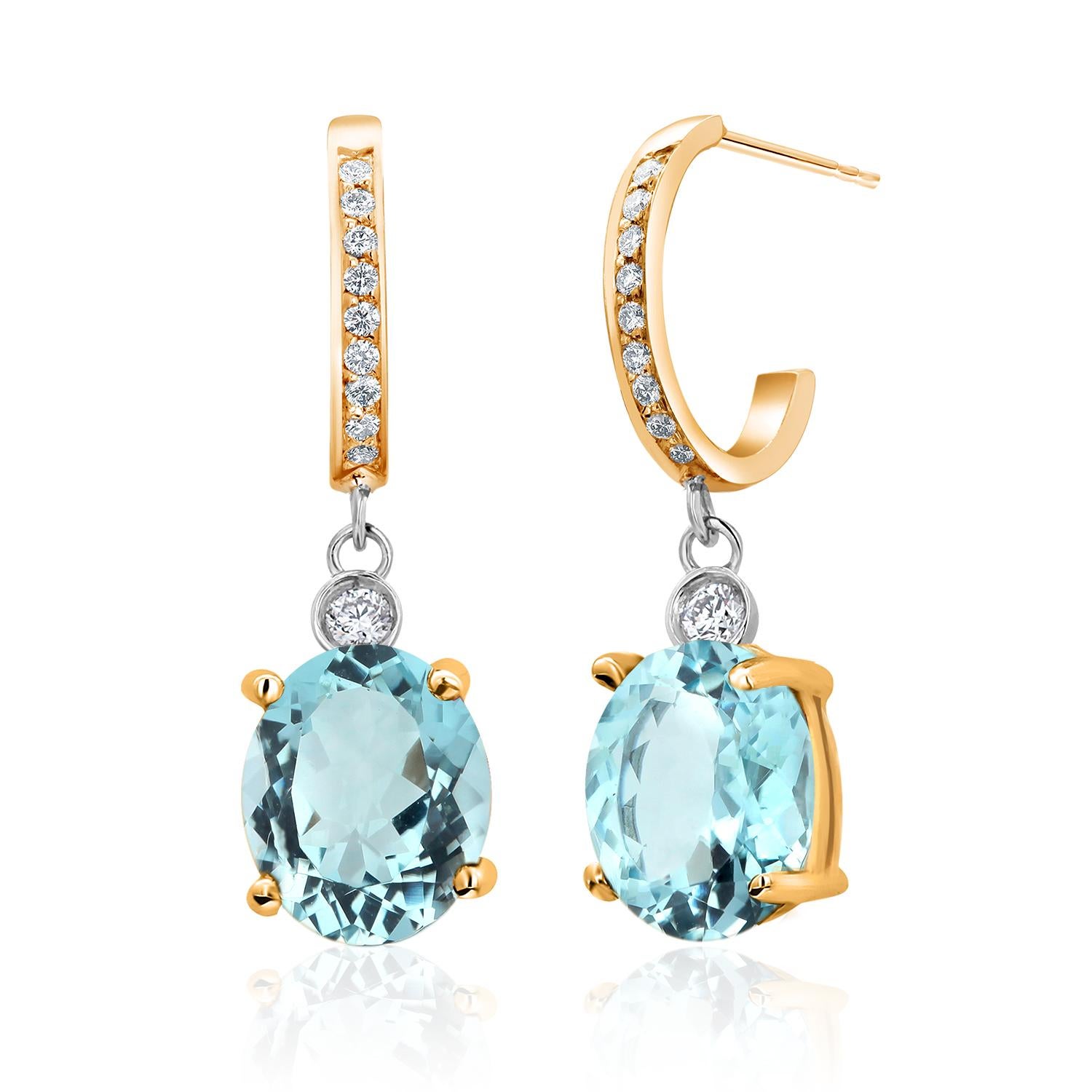 14 Karat Yellow Gold Aquamarine Diamond 4.43 Carat 1.20 Inch Long Hoop Earrings For Sale 1