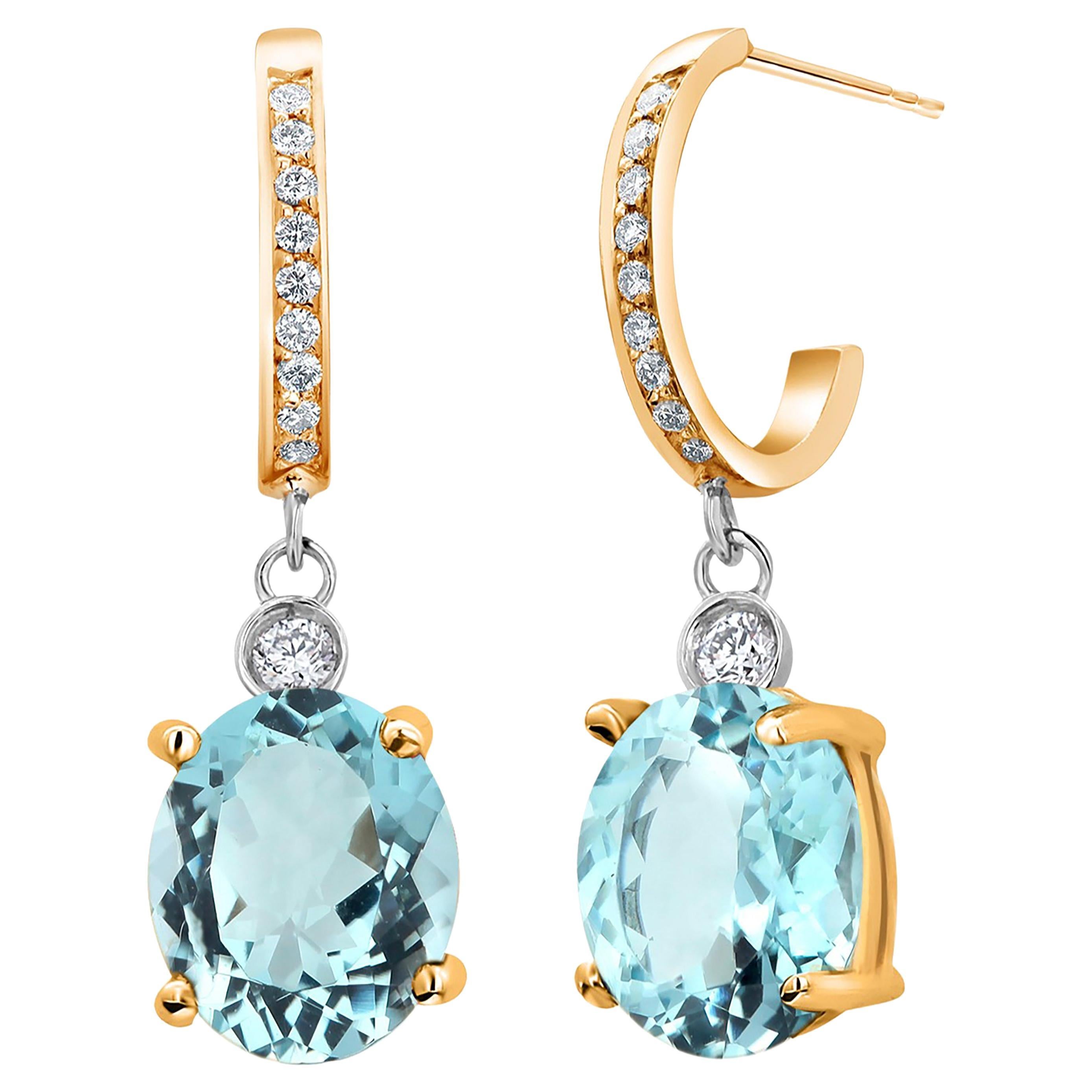 14 Karat Yellow Gold Aquamarine Diamond 4.43 Carat 1.20 Inch Long Hoop Earrings For Sale