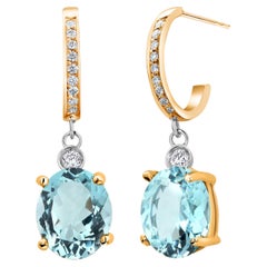 14 Karat Yellow Gold Aquamarine Diamond 4.43 Carat 1.20 Inch Long Hoop Earrings