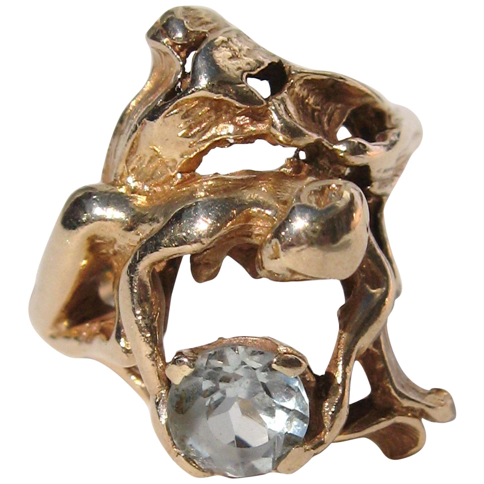 14 Karat Yellow Gold Aquamarine Figural Nude Woman Ooak Ring For Sale