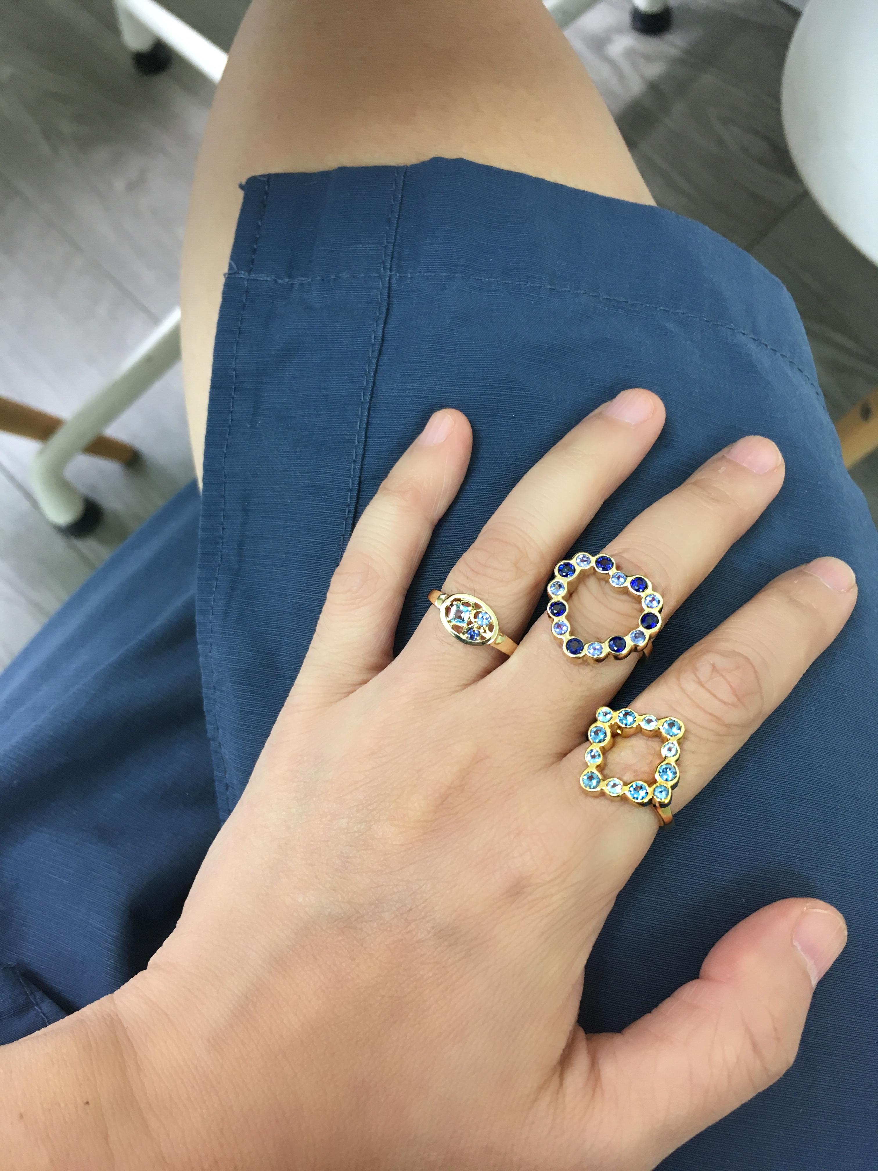 A cluster of an eclectic mix of stones in different shapes captured in an oval
shape. Great for wearing alone or stacking with your favorite stackable rings.
The ring has a tapered ring band for a comfortable fit.

Inspired by seeing the