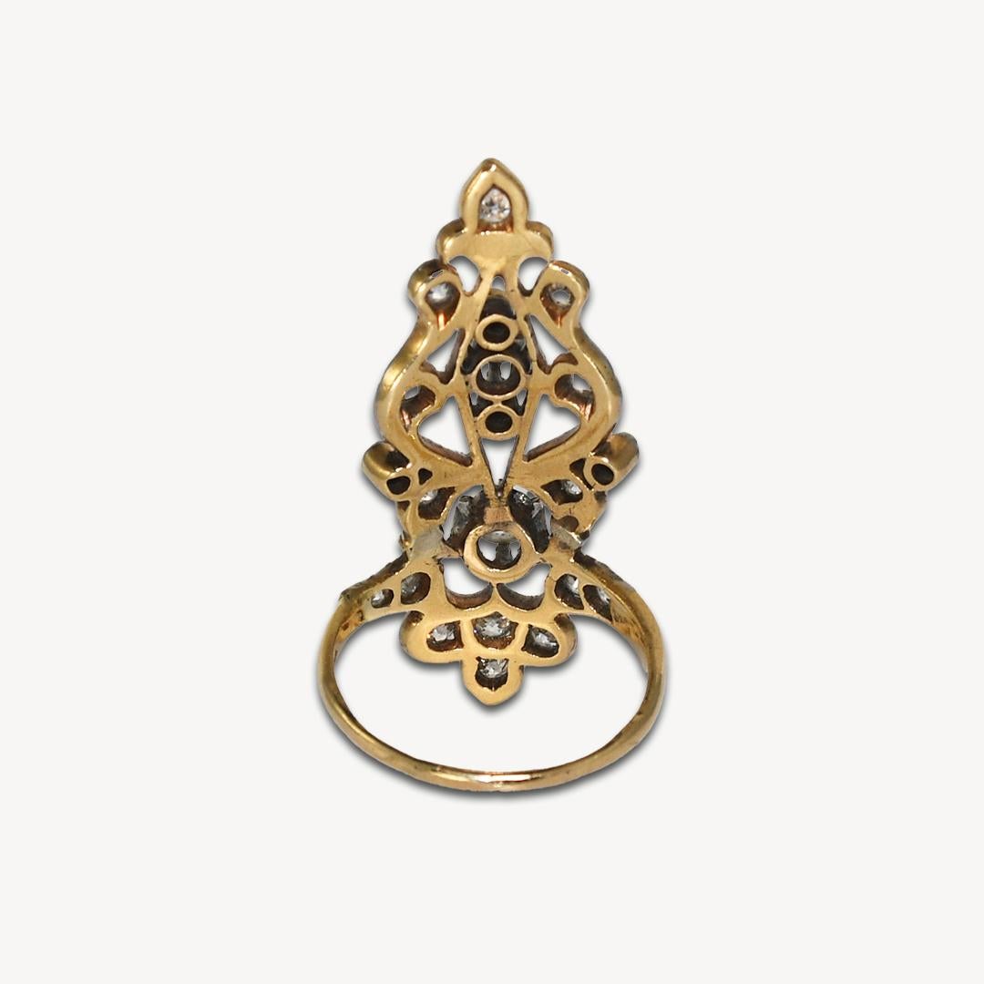 14 Karat Yellow Gold Art Deco 1.0 Carat Diamond Women's Rare Long Ring In Good Condition For Sale In Laguna Beach, CA