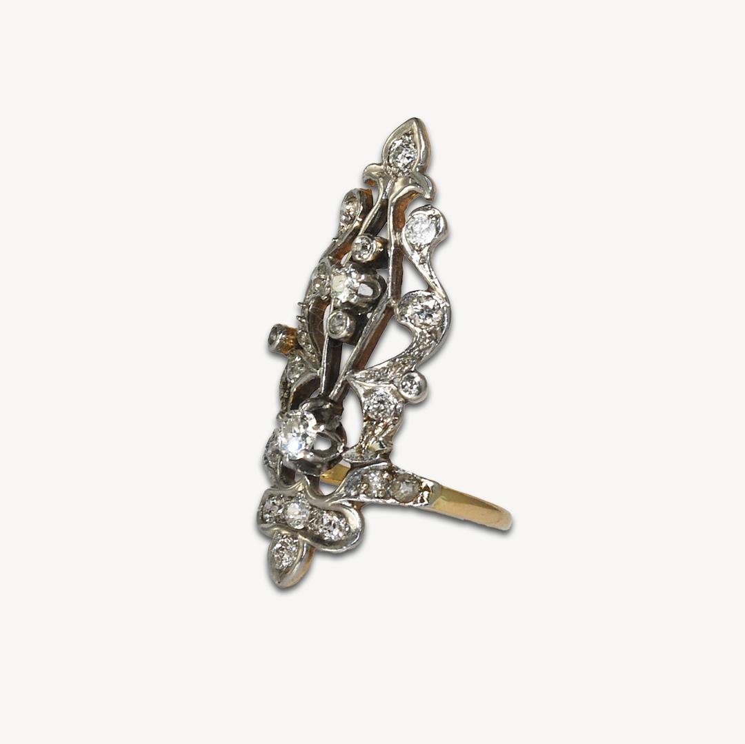 14 Karat Gelbgold Art Deco 1,0 Karat Diamant Damen Seltener langer Ring im Angebot 1