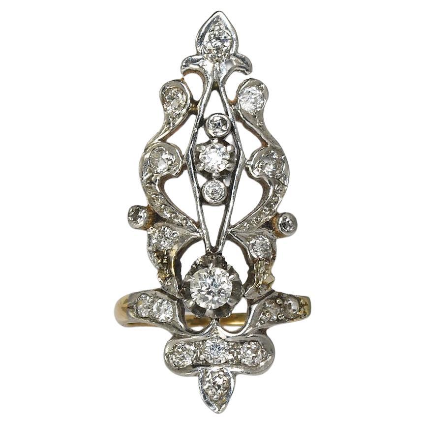 14 Karat Yellow Gold Art Deco 1.0 Carat Diamond Women's Rare Long Ring For Sale