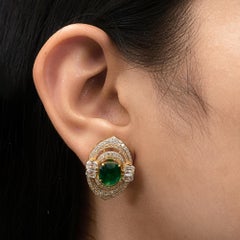 14 Karat Yellow Gold Art Deco 8.02Tcw Zambian Emerald Diamonds Stud Earrings