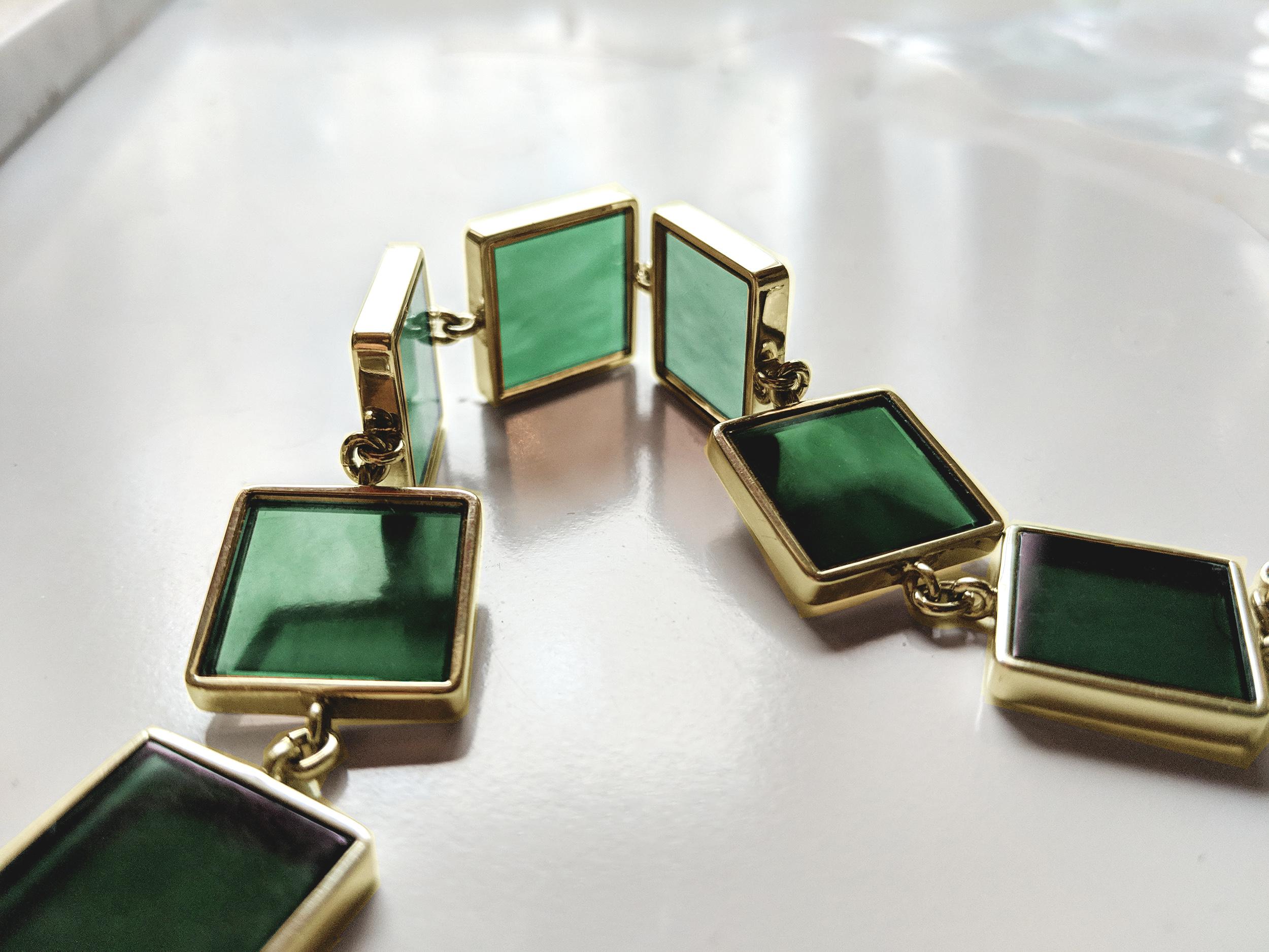 Featured in Vogue 14 Karat Gold Art Deco Style Bracelet with Dark Green Quartz  For Sale 3