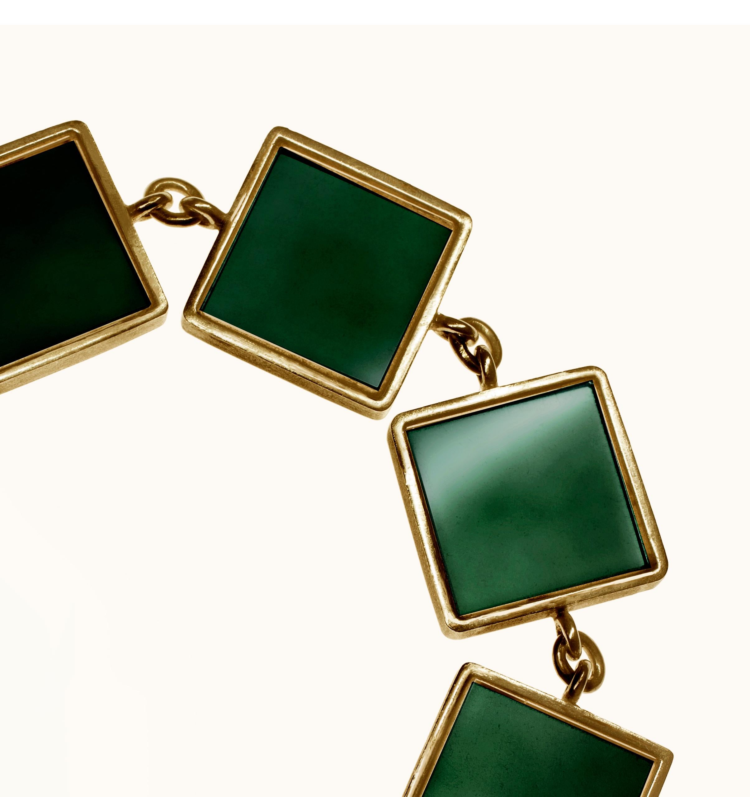 Mixed Cut Featured in Vogue 14 Karat Gold Art Deco Style Bracelet with Dark Green Quartz  For Sale