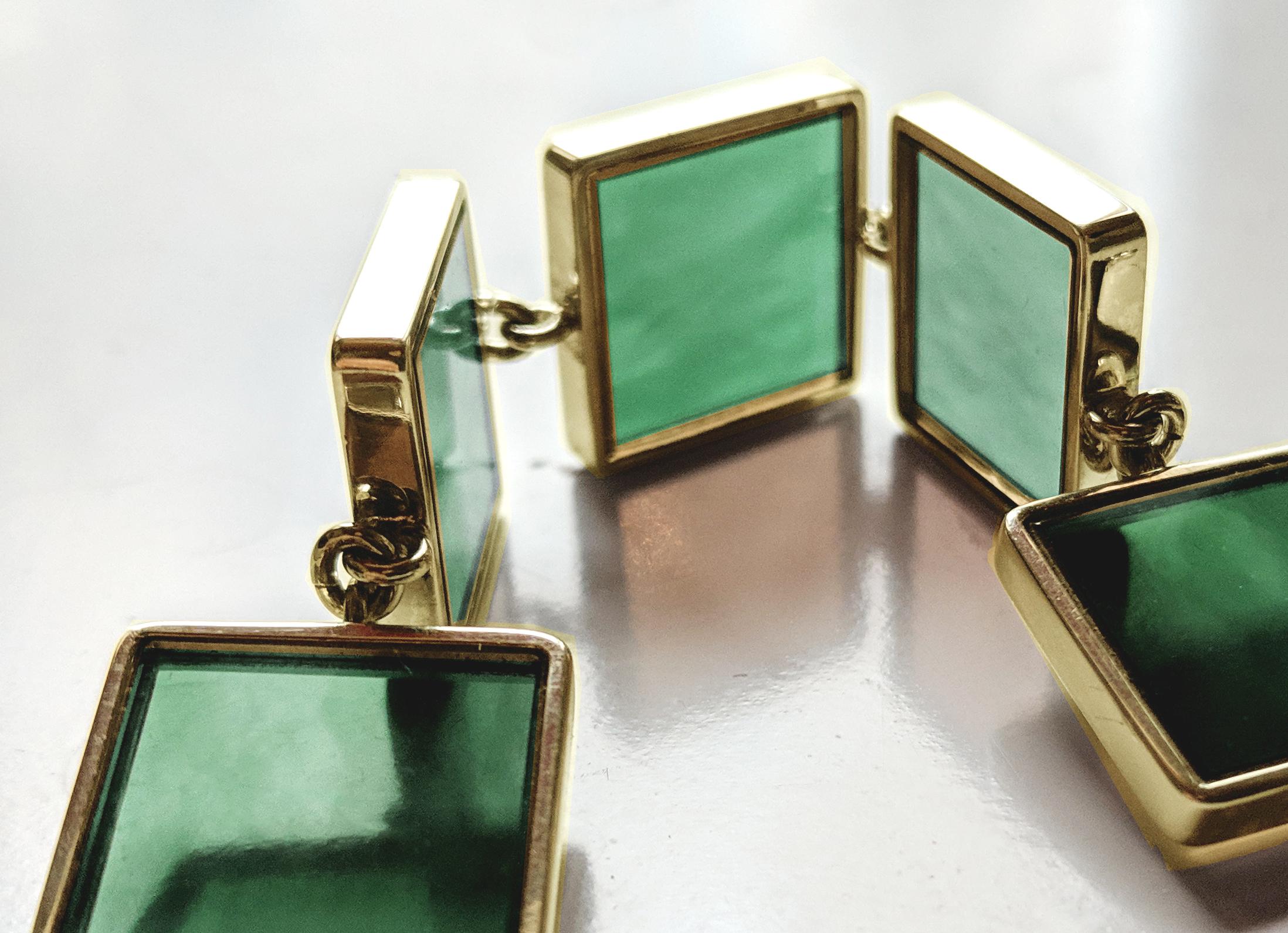 Women's or Men's Featured in Vogue 14 Karat Gold Art Deco Style Bracelet with Dark Green Quartz  For Sale