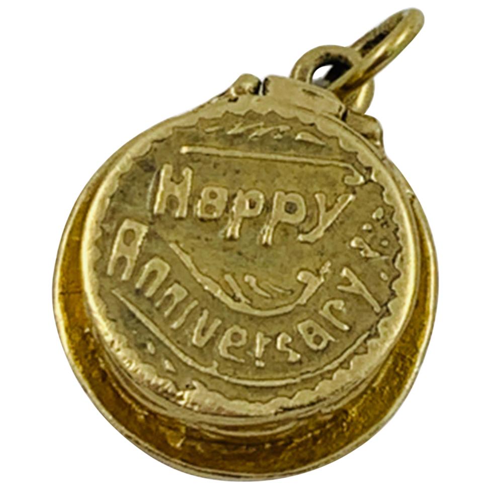 14 Karat Yellow Gold Articulating "Happy Anniversary" Cake Charm Pendant