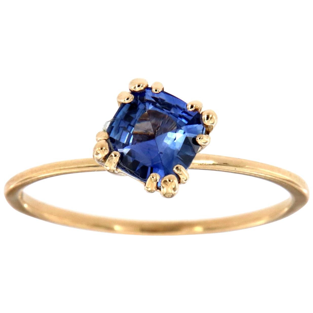 14 Karat Yellow Gold Asscher Blue Sapphire Solitaire Ring Center, 3/4 Carat