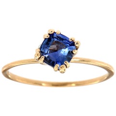 Bague solitaire Asscher en or jaune 14 carats avec saphir bleu au centre, 3/4 carat