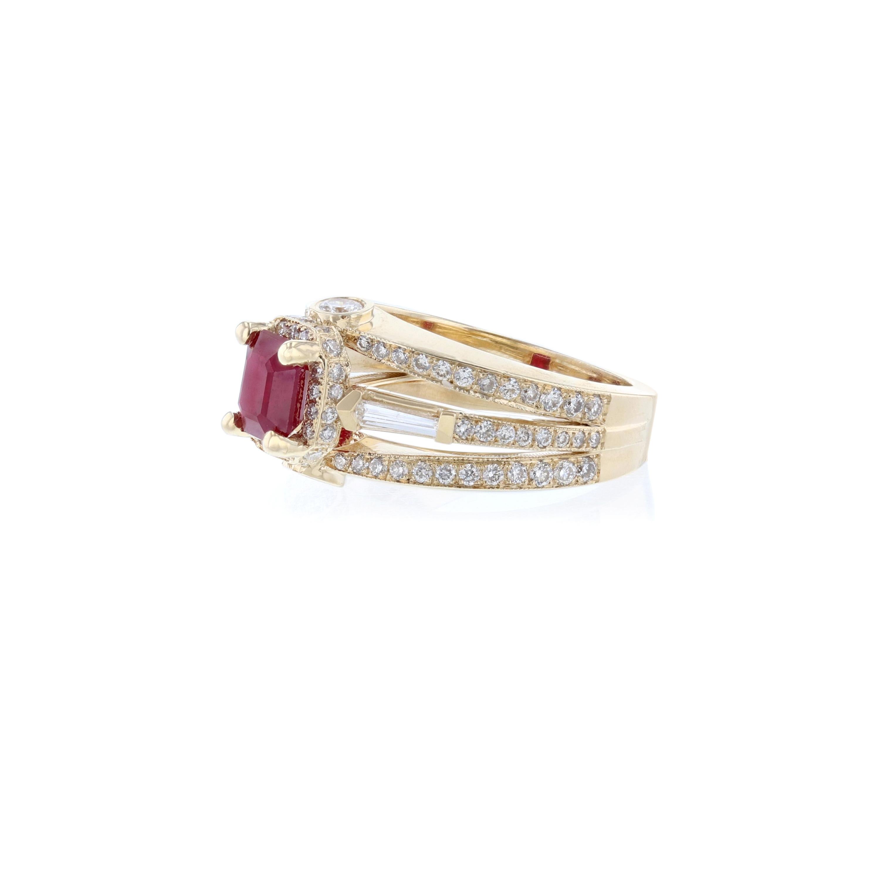 This ring is made in 14K yellow gold and features 1 asscher cut ruby weighing 1.30 carats. It also features 2 baguette cut diamond accents weighing 0.16 carat. Surrounded by 100 round cut diamonds weighing 0.91 carat. With a color grade (H) and