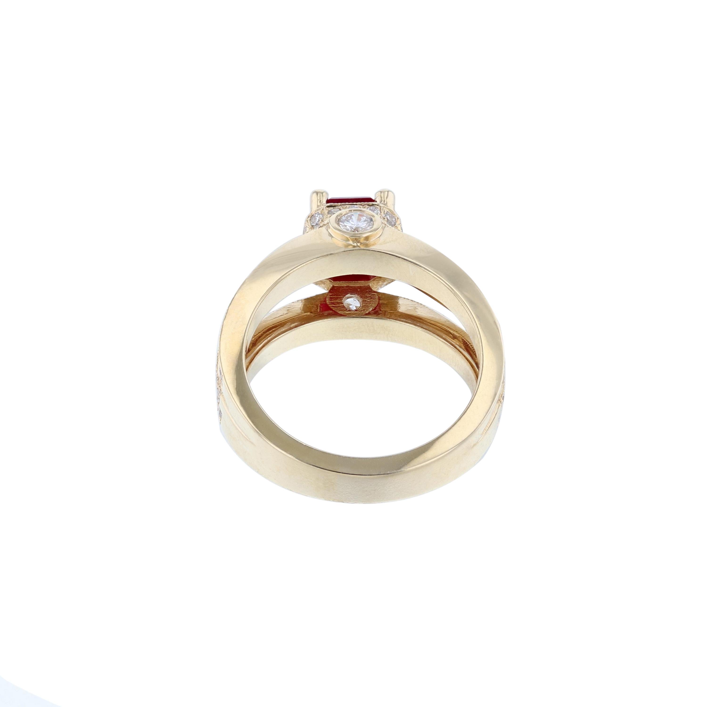 Modern 14 Karat Yellow Gold Asscher Cut Ruby Diamond Ring For Sale