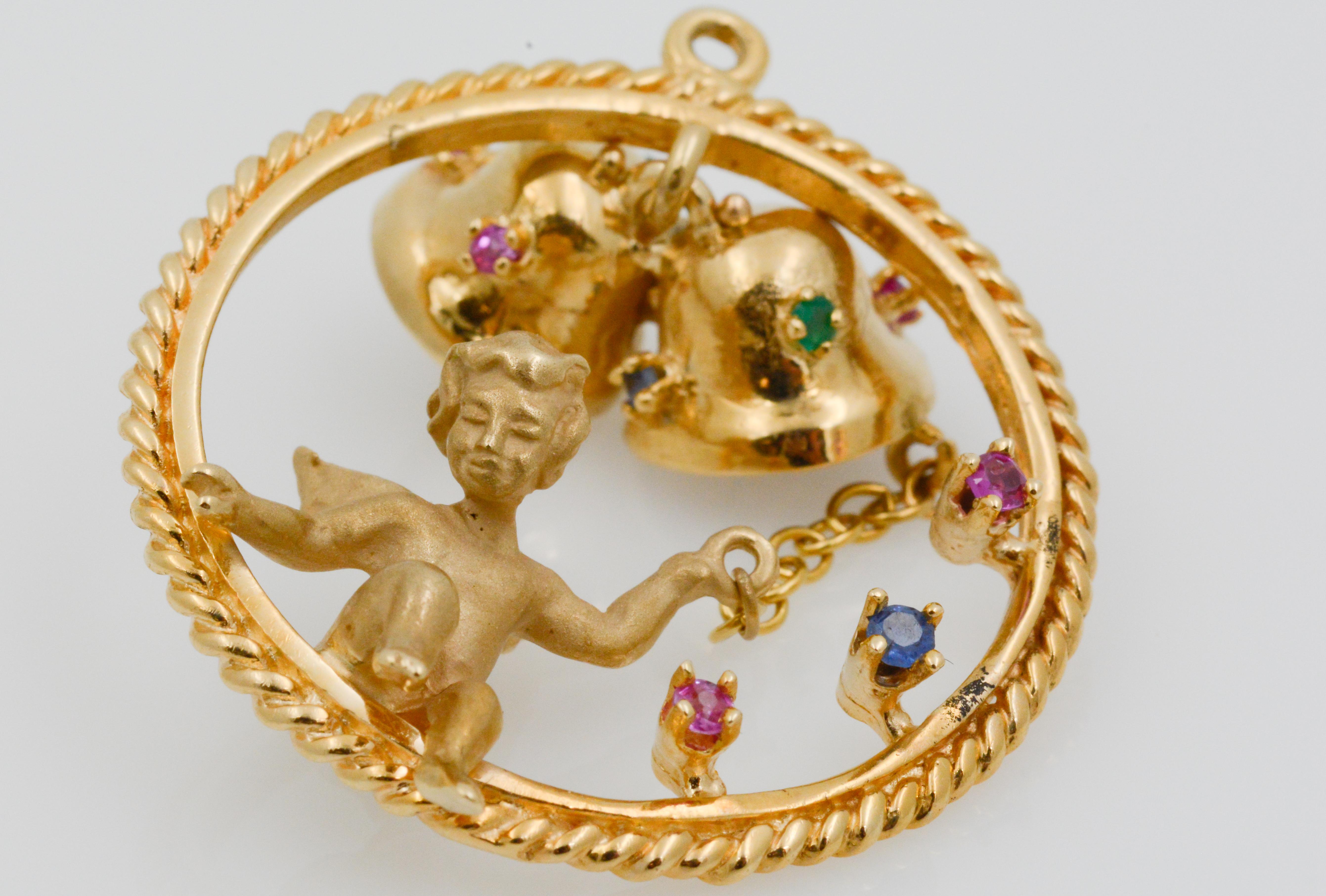 14 Karat Yellow Gold Baby Angel with Cherub Bells Charm Pendant 2