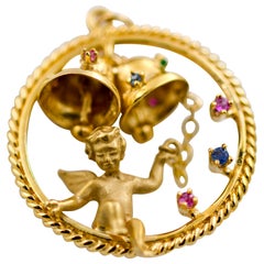 14 Karat Yellow Gold Baby Angel with Cherub Bells Charm Pendant