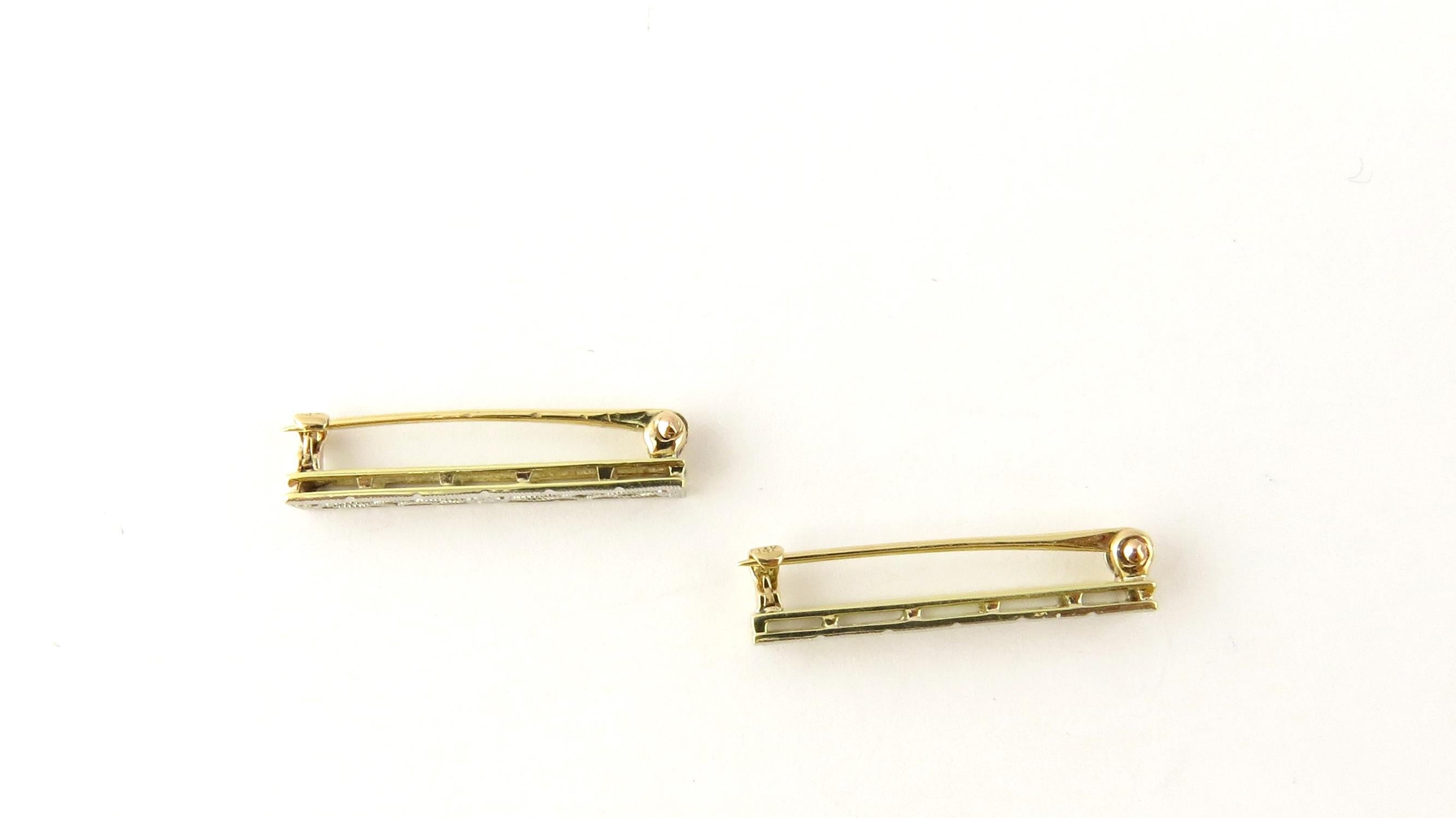Vintage 14 Karat Yellow Gold Baby Pins

These dainty pins feature a beautifully detailed floral design in classic 14K yellow gold.

Size: 22 mm x 3 mm each

Weight: 1.2 dwt. / 2.0 gr.

Stamped: 14K

Very good condition, professionally polished. Will