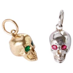 14 Karat Yellow Gold Baby Skull Pendant with Emerald Eyes
