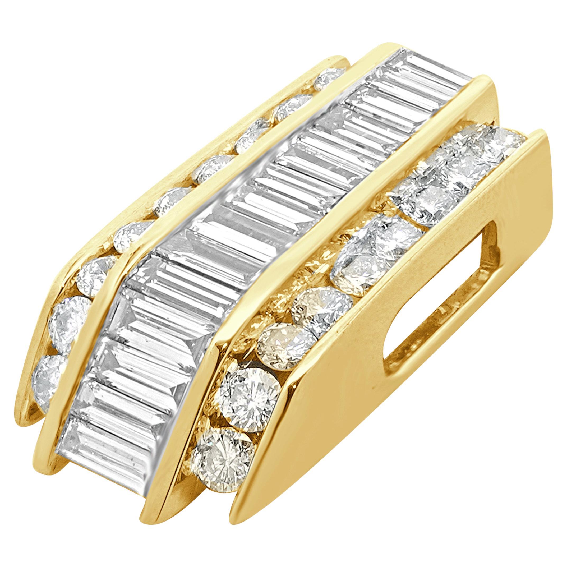 14 Karat Yellow Gold Baguette and Round Diamonds Slide Pendant