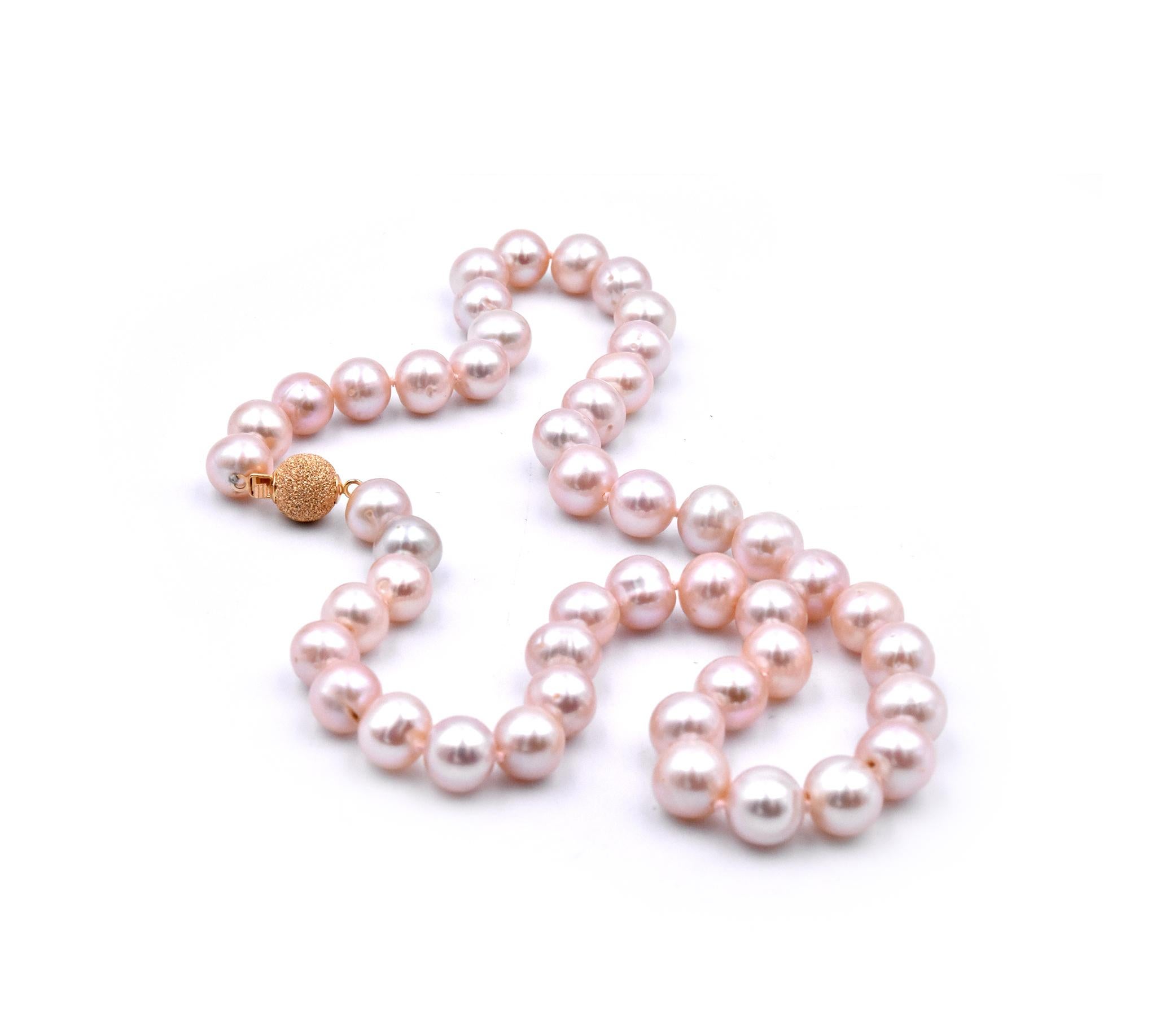 Designer: Custom
Material: 14k yellow gold
Pearls: 8.9mm diameter
Dimensions: necklace measures 18-inches in length
Weight: 50.7 grams
