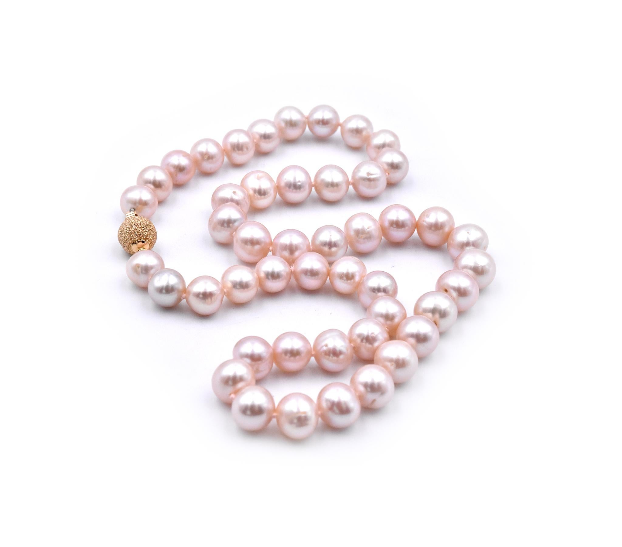 Women's or Men's 14 Karat Yellow Gold Ball Clasp Pink Fresh Water Pearl Necklace