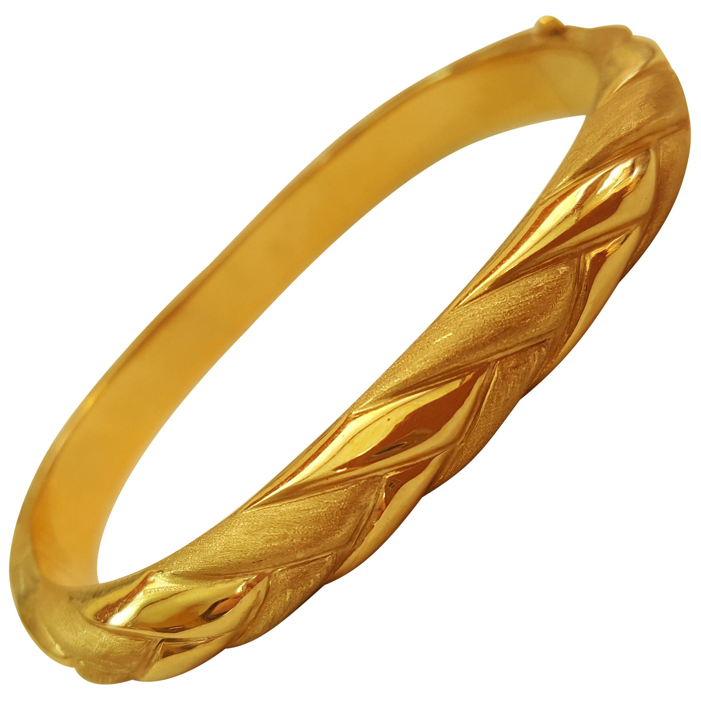 14 Karat Yellow Gold Bangle Bracelet, Rounded Square, Texture Finish
