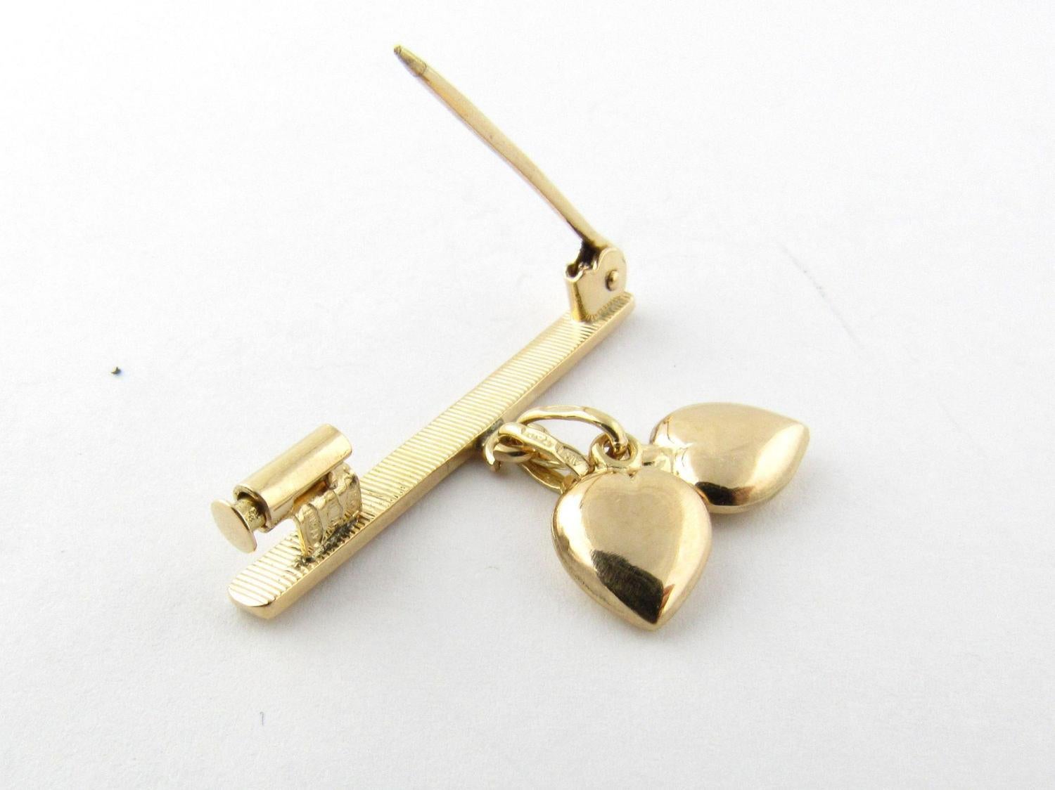 Women's 18 Karat Yellow Gold Bar Pin with Dangling Hearts