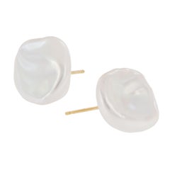 14 Karat Yellow Gold Baroque Button Freshwater Pearl Stud Earrings