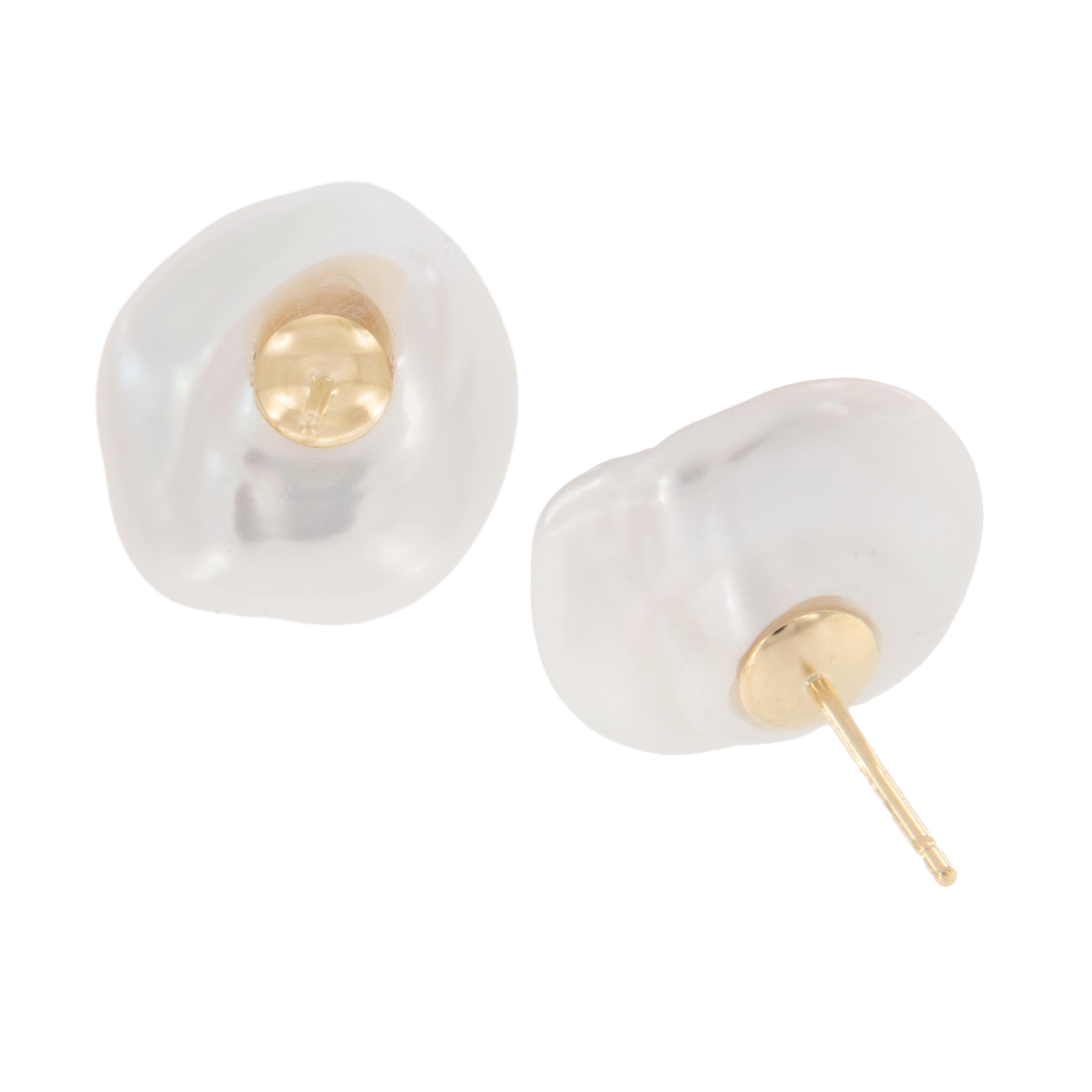 Uncut 14 Karat Yellow Gold Baroque Button Freshwater Pearl Stud Earrings For Sale