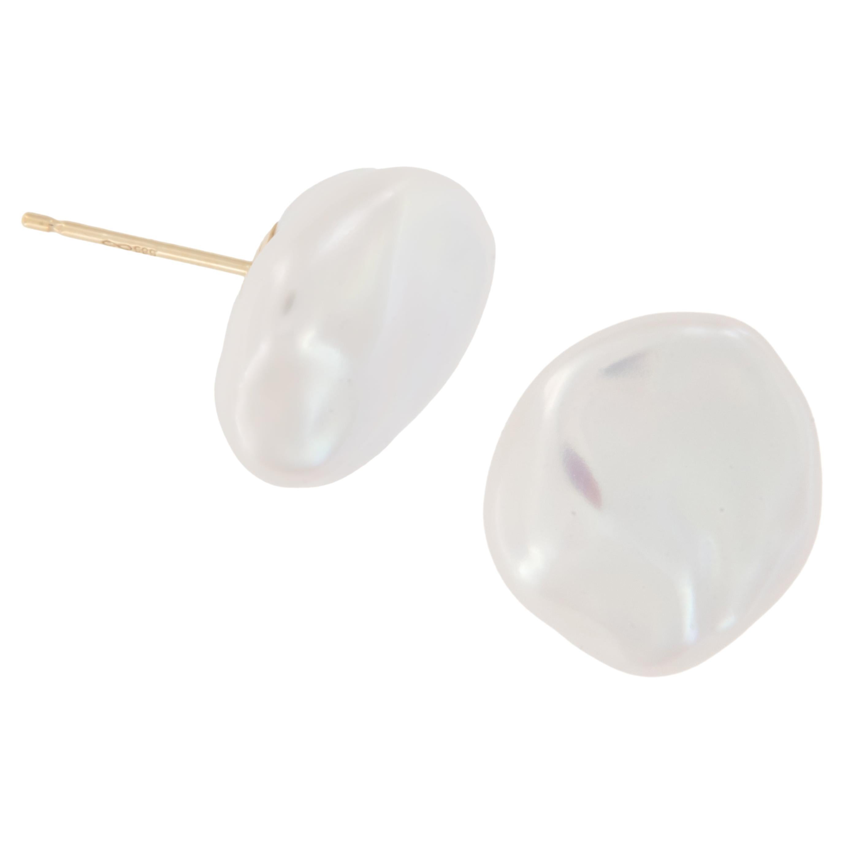 14 Karat Yellow Gold Baroque Button Freshwater Pearl Stud Earrings