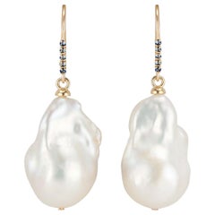 14 Karat Yellow Gold Baroque Pearl and Blue Sapphire Drop Earrings