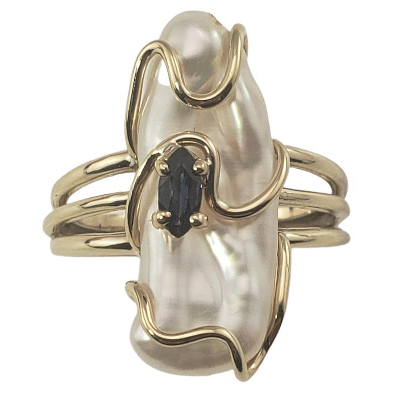 14 Karat Yellow Gold Baroque Pearl and Sapphire Ring For Sale