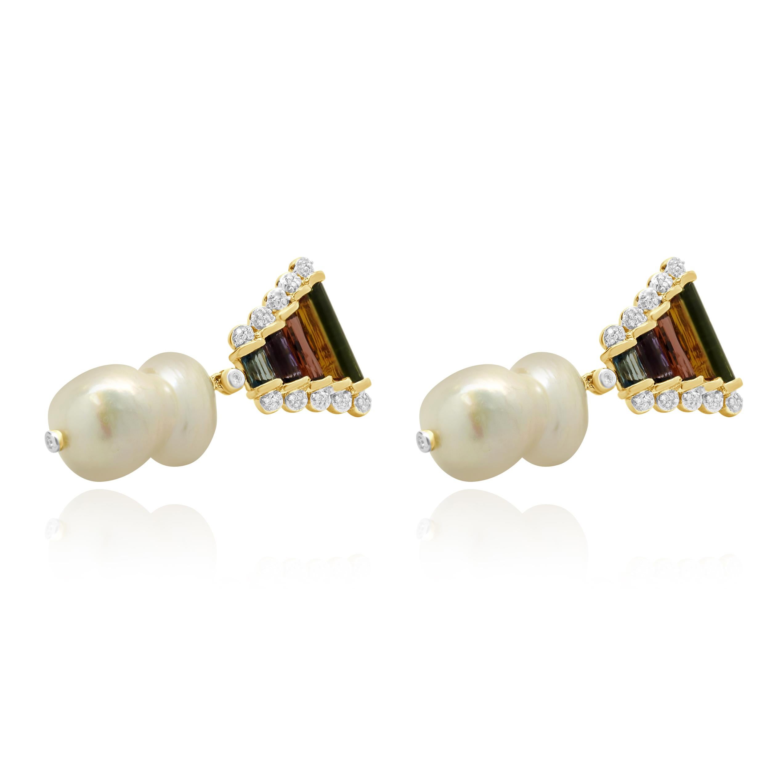 Mixed Cut 14 Karat Yellow Gold Baroque Pearl, Multi Gemstone and Diamond Drop Earrings For Sale