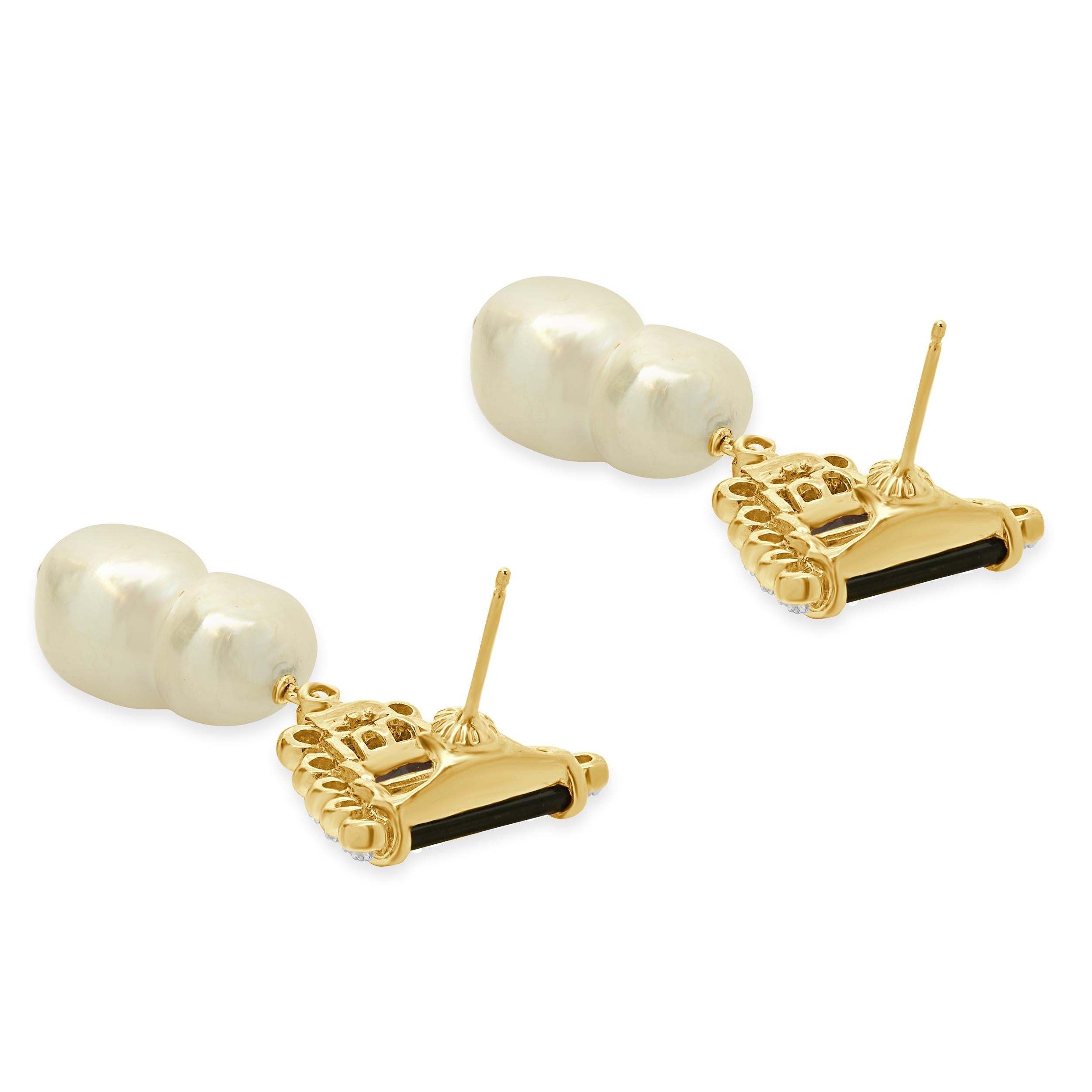 14 Karat Yellow Gold Baroque Pearl, Multi Gemstone and Diamond Drop Earrings In Excellent Condition For Sale In Scottsdale, AZ