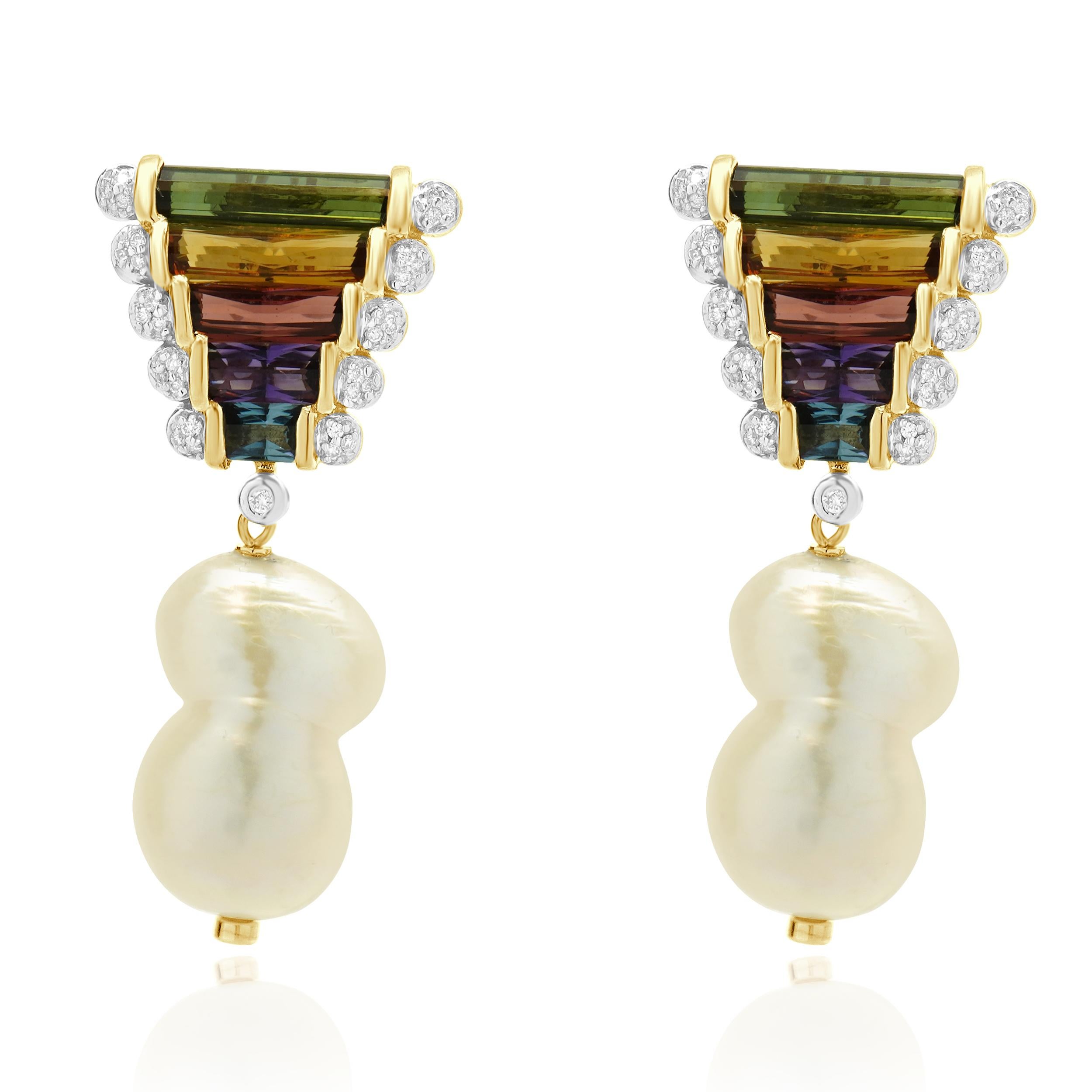 Pendientes Barrocos de Oro Amarillo de 14 Kilates con Perlas, Múltiples Piedras Preciosas y Diamantes