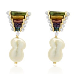 14 Karat Yellow Gold Baroque Pearl, Multi Gemstone and Diamond Drop Earrings
