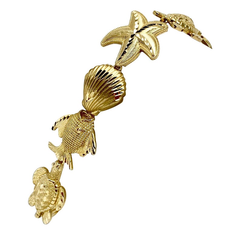 14 Karat Yellow Gold Beach Ocean Shell Charm Link Bracelet For Sale at ...