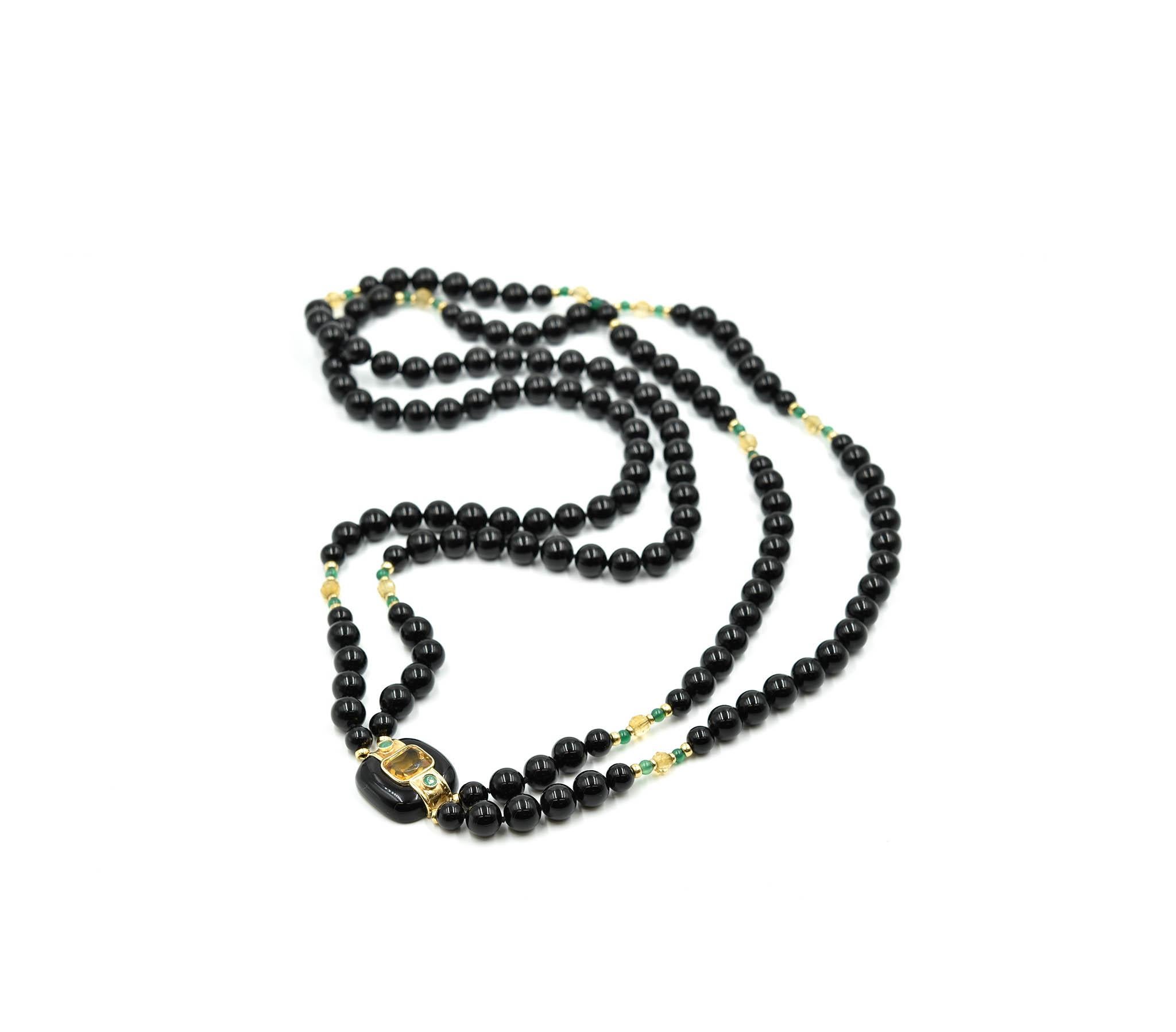 14 Karat Yellow Gold Beaded Black Onyx Necklace with Citrine and Emerald Pendant In Excellent Condition In Scottsdale, AZ
