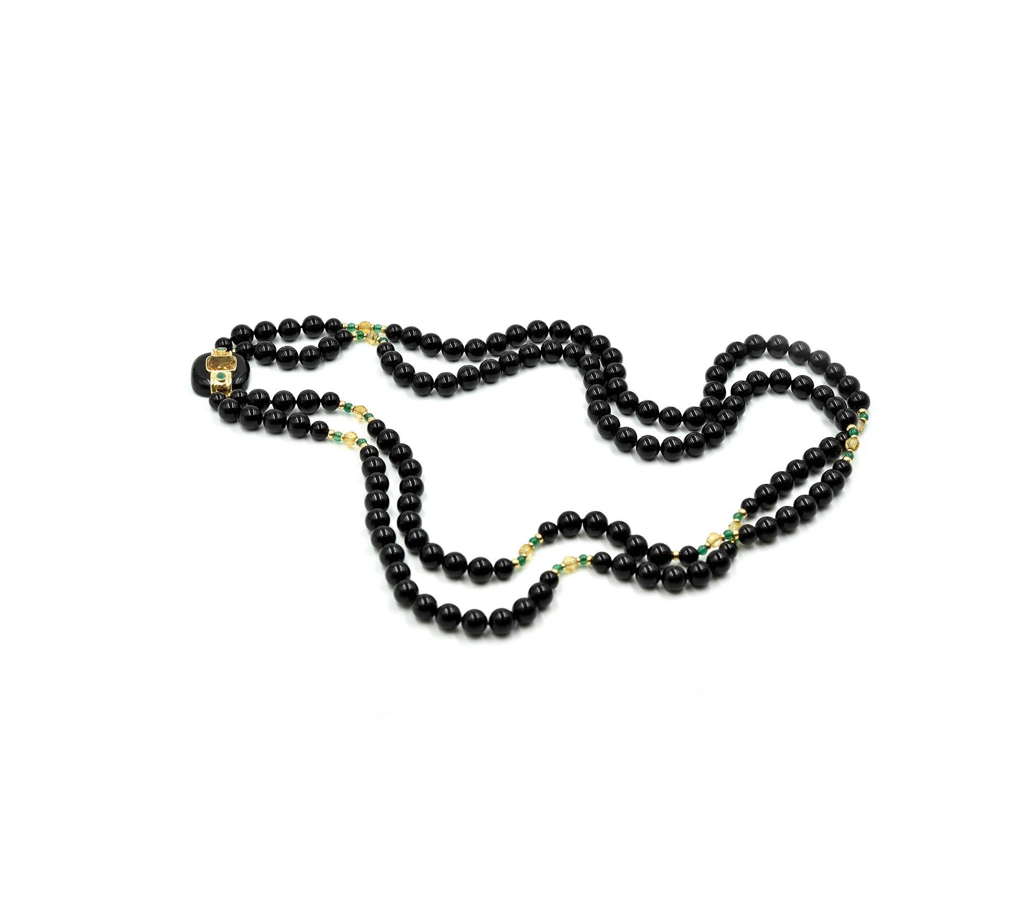 Women's or Men's 14 Karat Yellow Gold Beaded Black Onyx Necklace with Citrine and Emerald Pendant