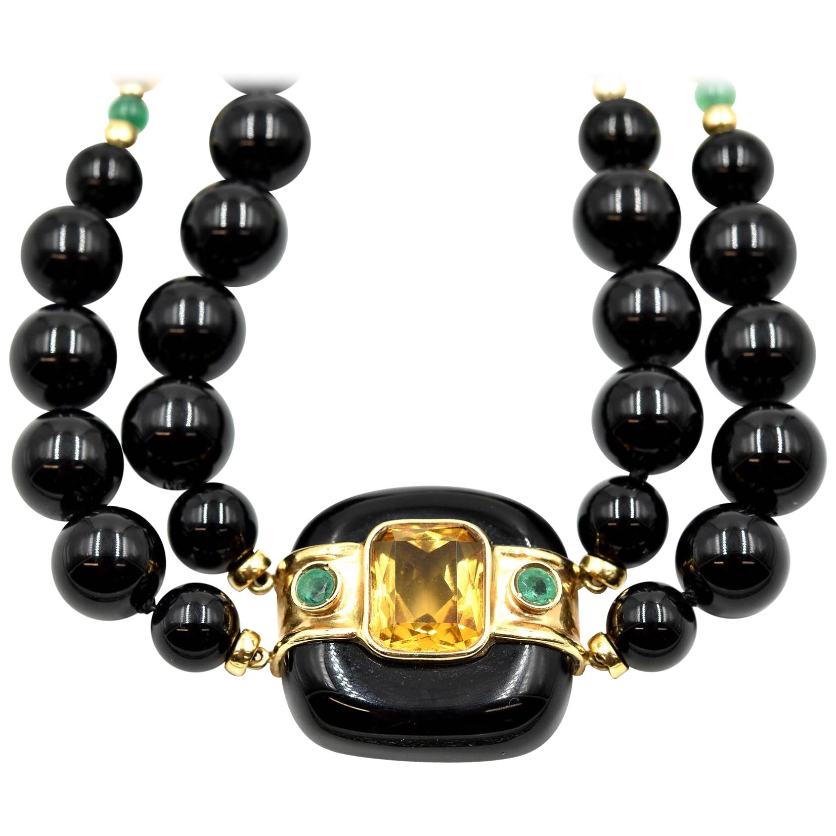14 Karat Yellow Gold Beaded Black Onyx Necklace with Citrine and Emerald Pendant