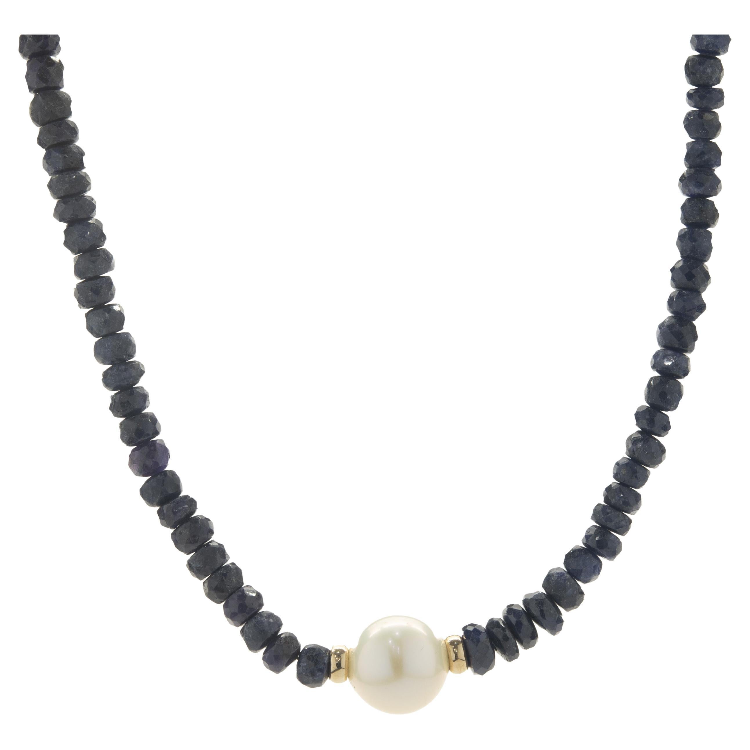 14 Karat Yellow Gold Beaded Sapphire and Pearl Necklace For Sale