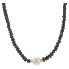 14 Karat Yellow Gold Beaded Sapphire and Pearl Necklace